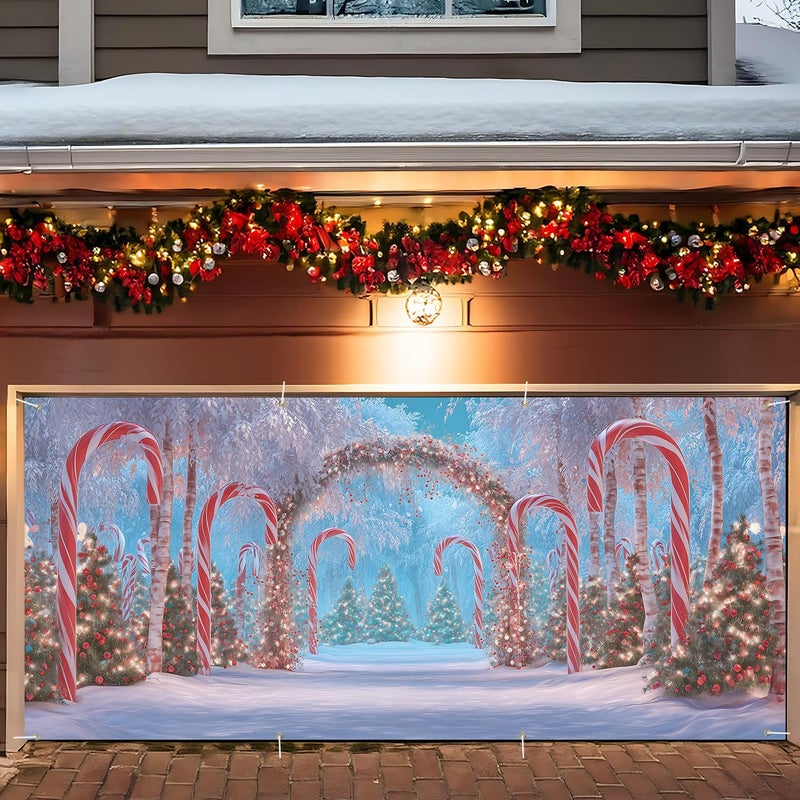 ANNA QUEEN Snowy Candy Cane Arch Christmas Garage Door Banner 6 x 13FT, Holiday Season Winter Wonderland Outdoor Garage Decoration for Parties Home Decor - Image 1